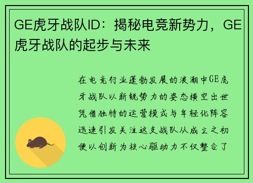 GE虎牙战队ID：揭秘电竞新势力，GE虎牙战队的起步与未来