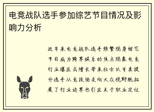 电竞战队选手参加综艺节目情况及影响力分析